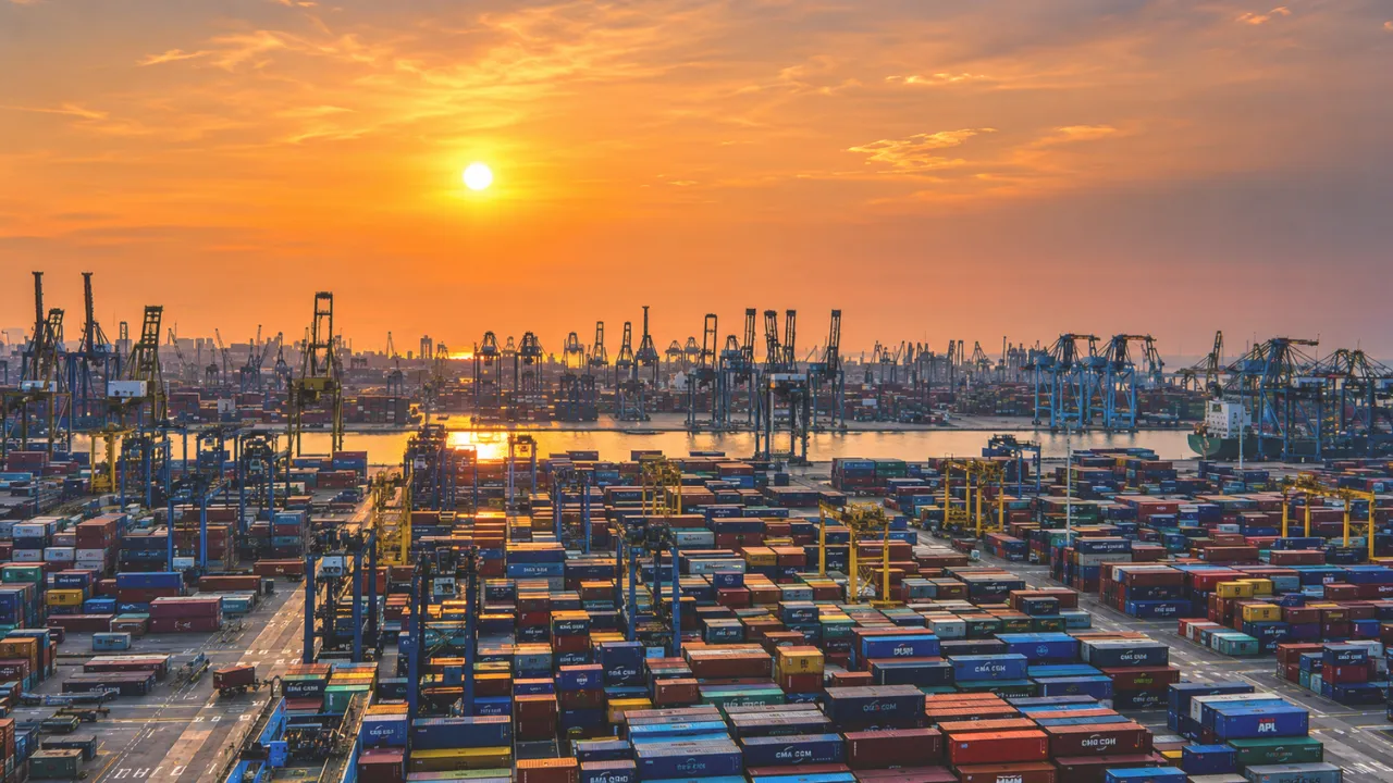 Container terminal at sunset