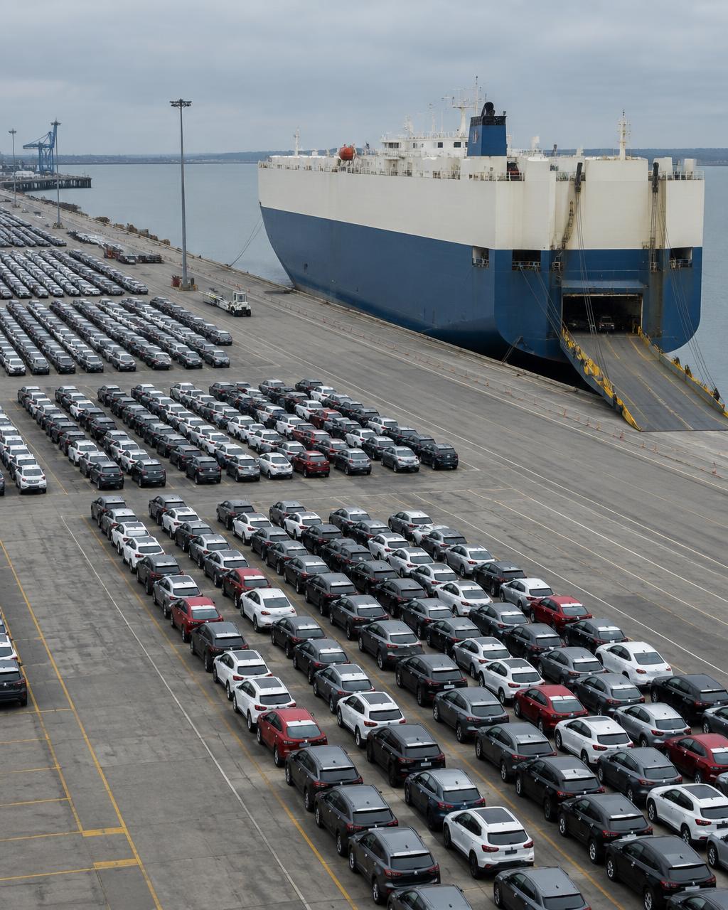 New vehicles at a port terminal beside a car carrier
