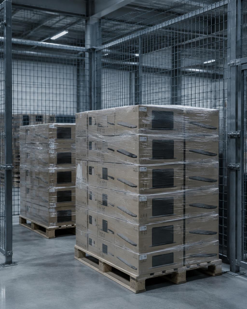 Wrapped pallets of electronics in a secure cage