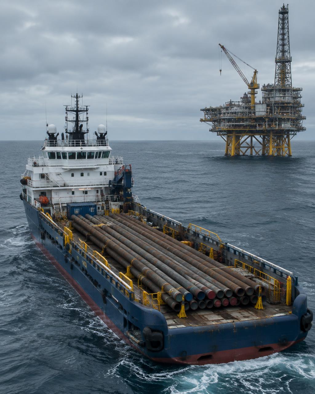 Supply vessel carrying pipe near an offshore platform