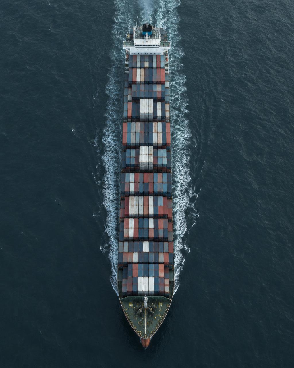 Aerial view of a loaded container ship at sea