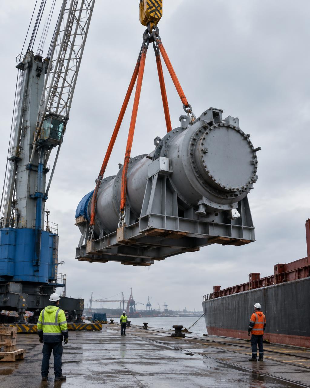 Heavy project cargo lifted by a crane on a port quay