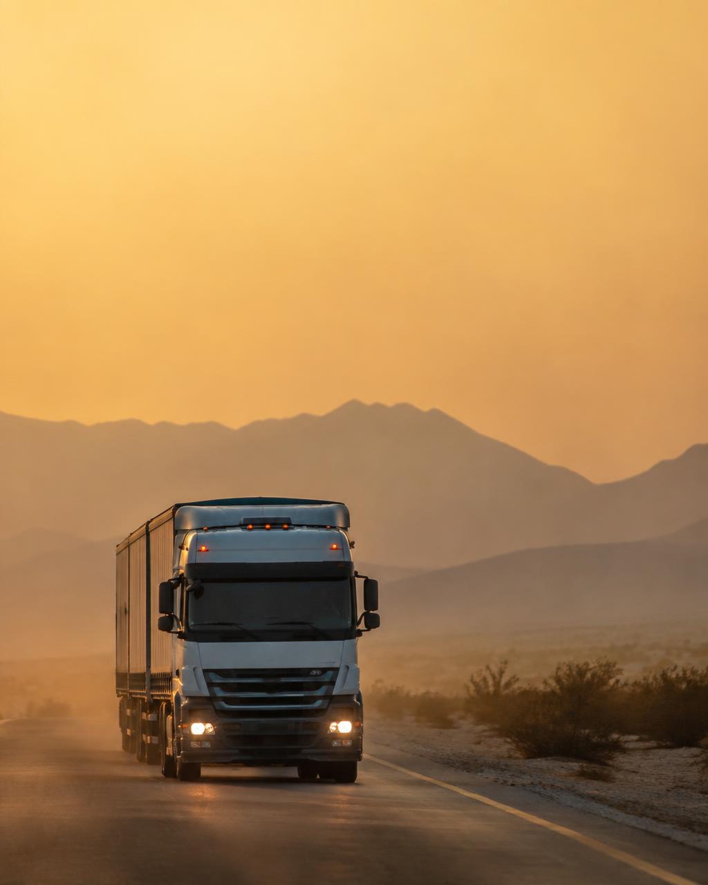 Freight truck on a desert highway at golden hour