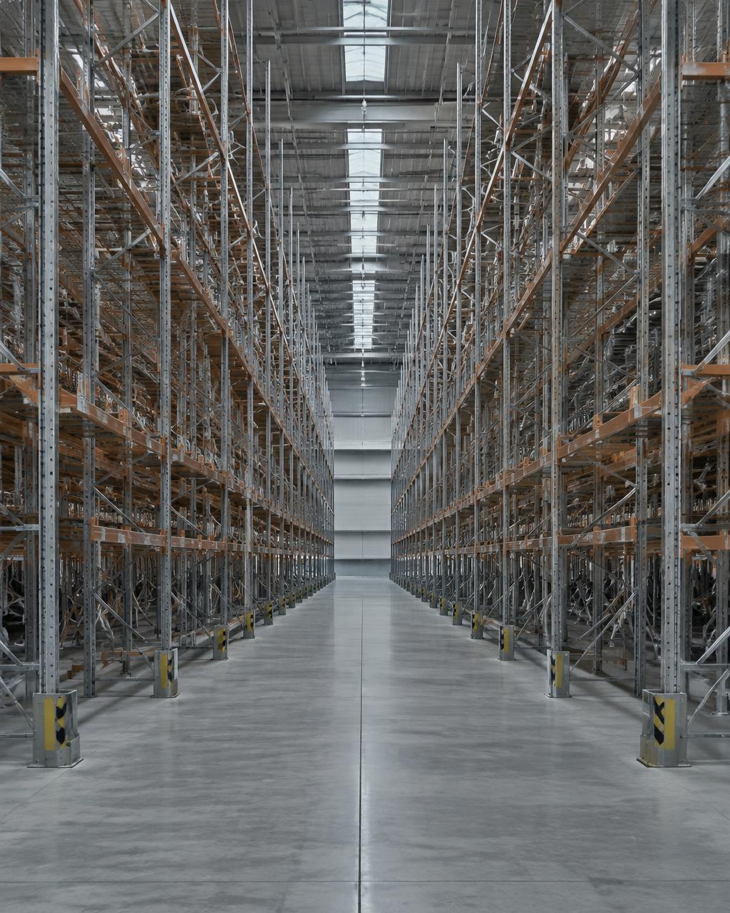 Long warehouse aisle lined with high pallet racking